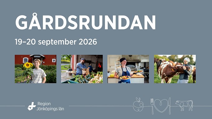 Fyra bilder från tidigare gårdsrundor i Jönköpings län: människor som möts, djur på gårdar, lantliga miljöer och närproducerade livsmedel i fokus.