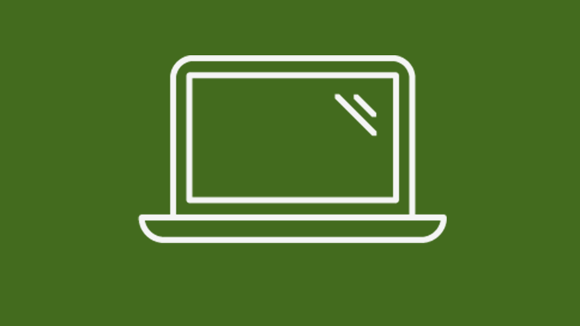 En illustration av en vit dator på en mörkgrön bakgrund.