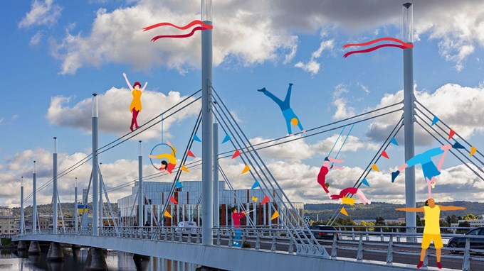 Munksjöbron illustrerad med flaggor och färgglada personer som gör olika cirkuskonster.
