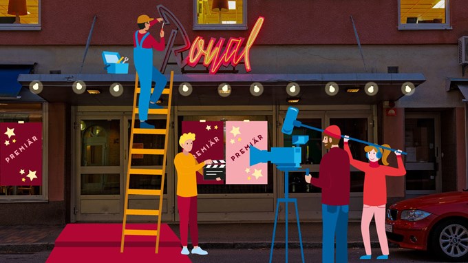 Illustration av biograf med en man på stege och ett filmteam med filmkamera