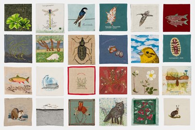 Kollage av broderier som föreställer växter och djur.