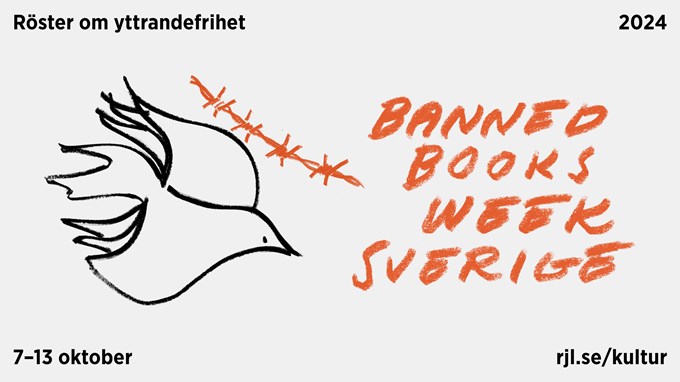 Illustration av en duva och en taggtråd samt texten Banned Books Week Sverige. 