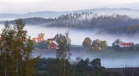 Böljande landsbygd med röda hus, höljd i dimma. 