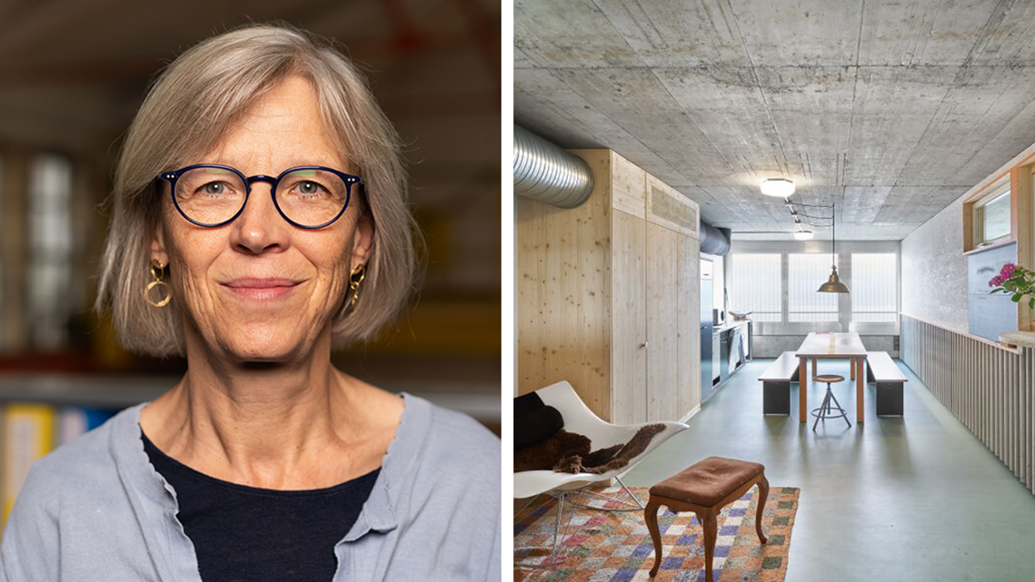 Tina Ekener, arkitekt från schweiziska baubüro in situ. Till höger en bild från deras hemsida av en byggnad de ritat. 