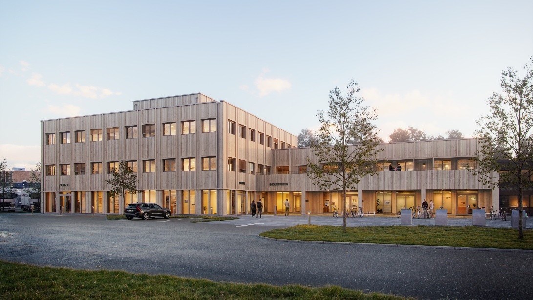 Den nya fastigheten i Industribyn som ska byggas till största del i trä.
