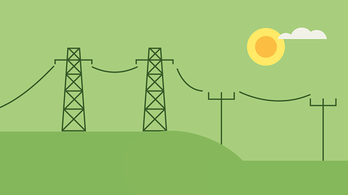 Illustration som visar energikällor som sol, vind och vatten mot en grön bakgrund.