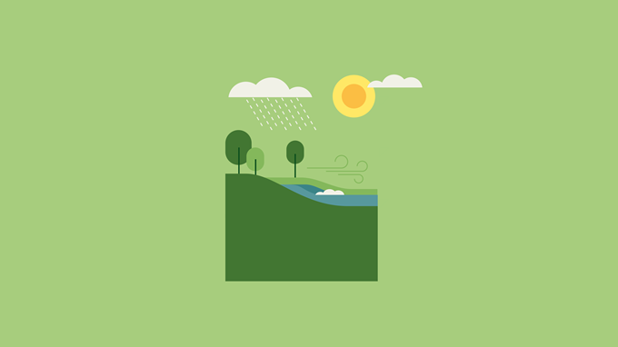 Illustration som visar energikällor som sol, vind och vatten mot en grön bakgrund.