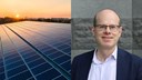 Erik Thornström och solceller på tak i solnedgång. 