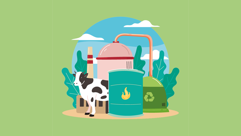 En illustration av biogas som visar en ko, en biogastank, en industri och en återvinnningsbehållare.