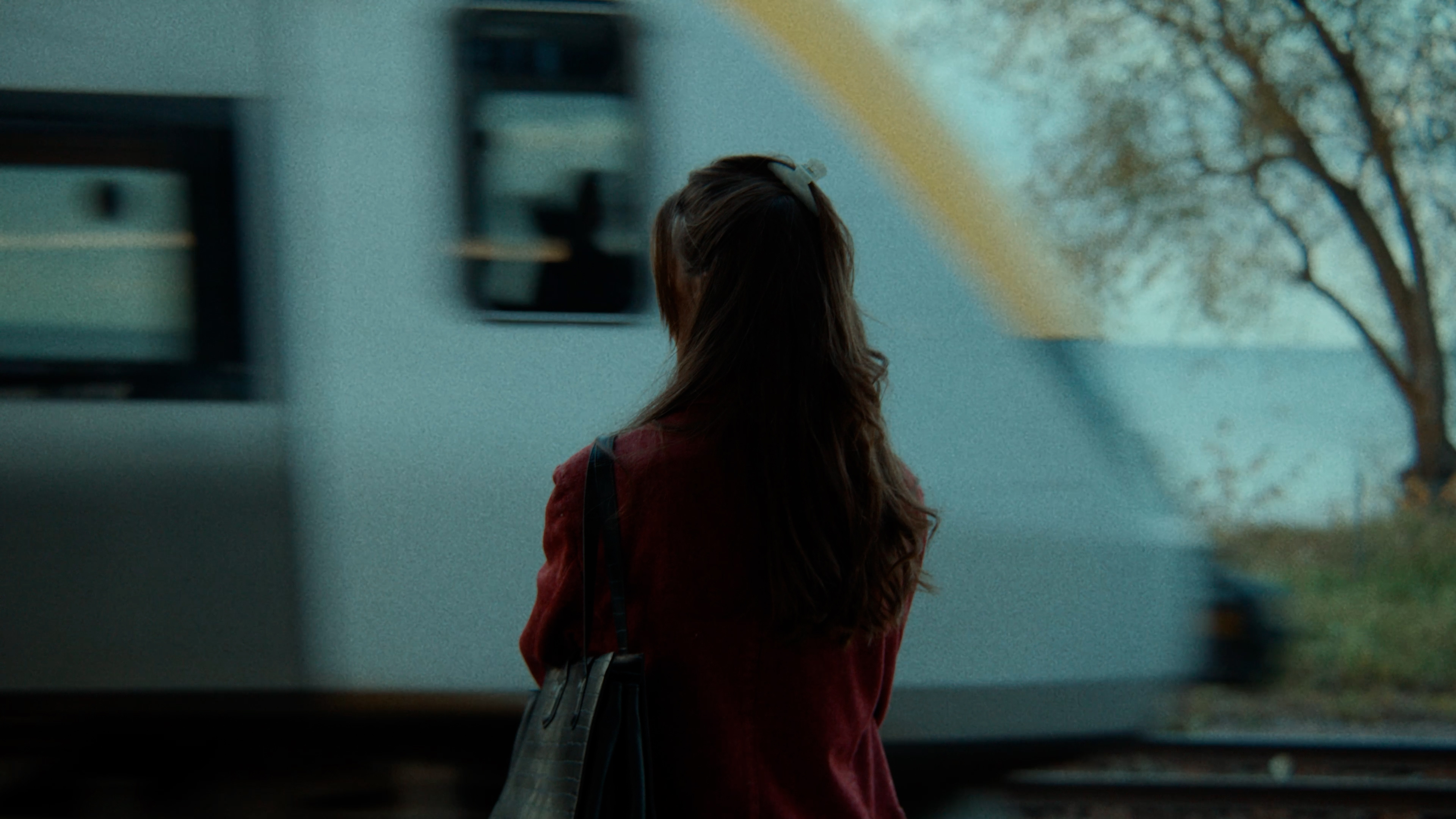 En person tittar mot ett tåg som åker förbi. 