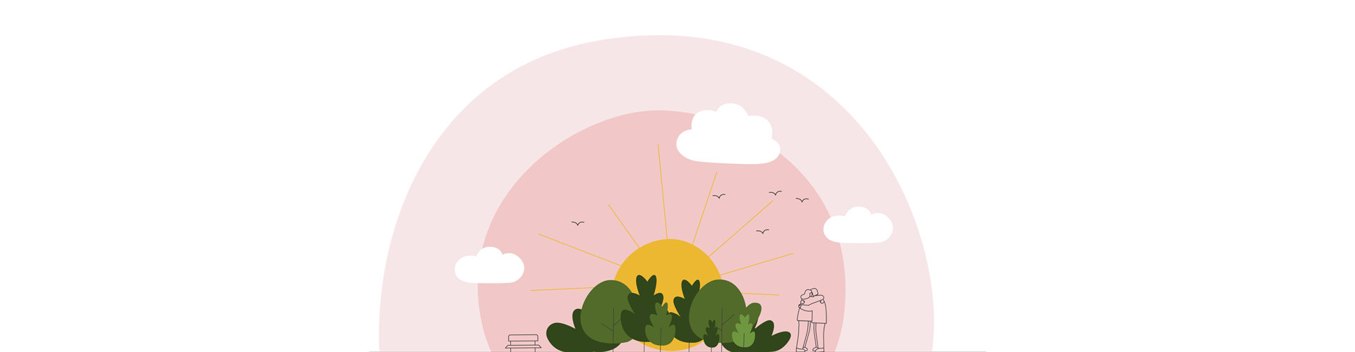 Illustration av en park med sol bakom grönska, fåglar på himlen och två personer som kramas. Motivet förmedlar lugn och gemenskap.