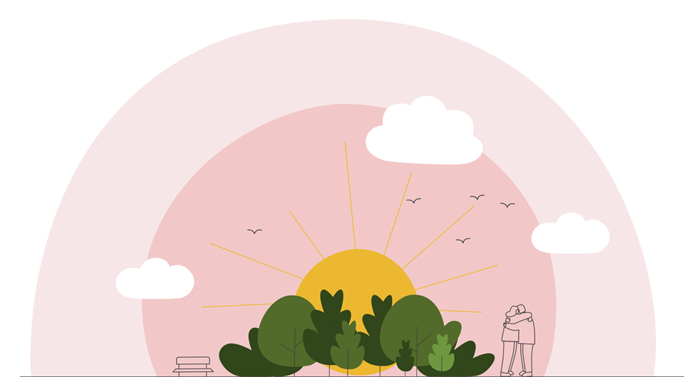 Illustration av en park med sol bakom grönska, fåglar på himlen och två personer som kramas. Motivet förmedlar lugn och gemenskap.