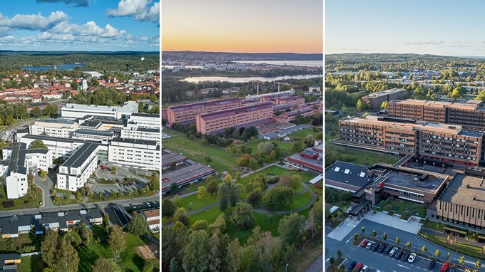 Flygbilder av länets tre sjukhus: Värnamo sjukhus, Länssjukhuset Ryhov i Jönköping och Höglandssjukhuset i Eksjö.