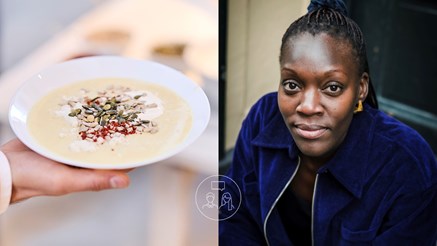 Bild på en tallrik med soppa till vänster och bild på föreläsaren Silvia Kakembo till höger