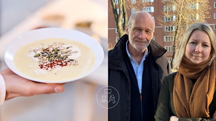 Bild på en tallrik soppa på vänster del av bilden. På den högra bild på föreläsarna Rebecka Montelius och Lars-Göran Svensson