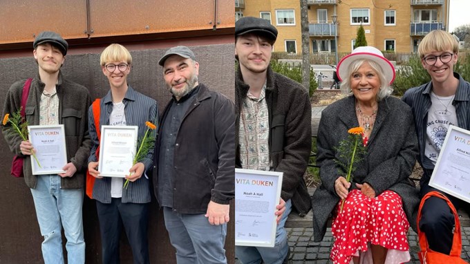 Vinnarna av filmtävlingen Vita duken poserar med sina diplom.