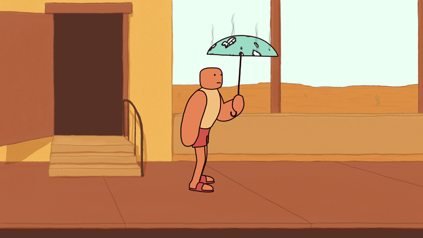 Tecknad figur med paraply mot solen.
