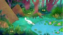 Tecknad bild mitt i djungeln, vit reptil som dricker i en damm.