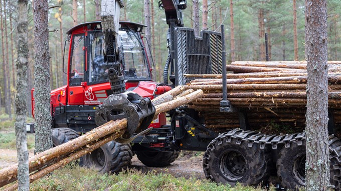 En röd skördare plockar upp stockar i skogen.