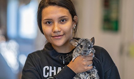 En flicka vid Tenhults naturbruksgymnasium som håller i en chinchilla.