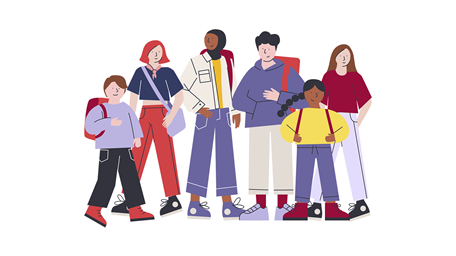 Illustration av sex ungdomar som står tillsammans.
