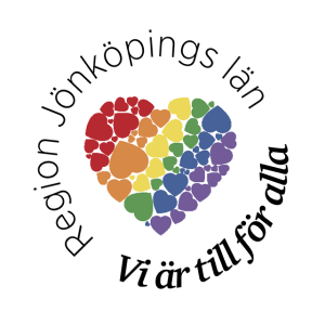 Ett regnbågsfärgat hjärta som omges av texten Region Jönköpings län Vi är till för alla