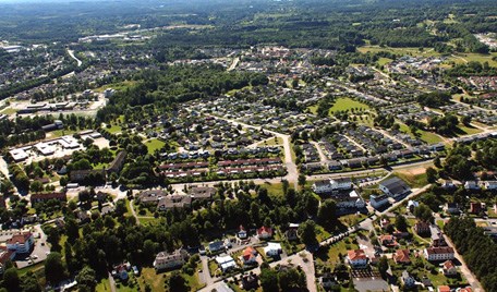 Flygfoto över området Gröndal, där folkhögskolan ligger