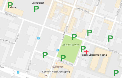 Karta över området runt Hälsans vårdcentral 1 och 2 som visar möjliga parkeringsplatser