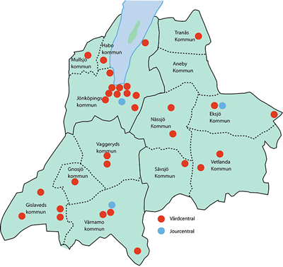 länskarta som visar var Vårdcentralerna Bra Liv finns i länet